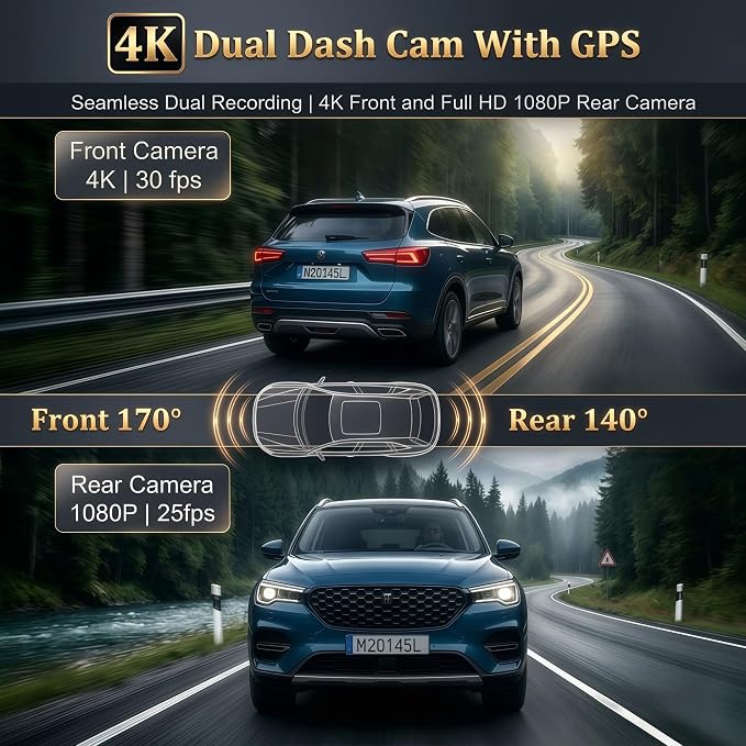 4K Dash Cam Front and Rear with GPS WiFi, Dual Car Camera for Uber Lyft Taxi Drivers, 64GB Card, 4K+1080P, HDR Night Vision, 3.19" IPS Screen, Parking Mode, Loop Recording