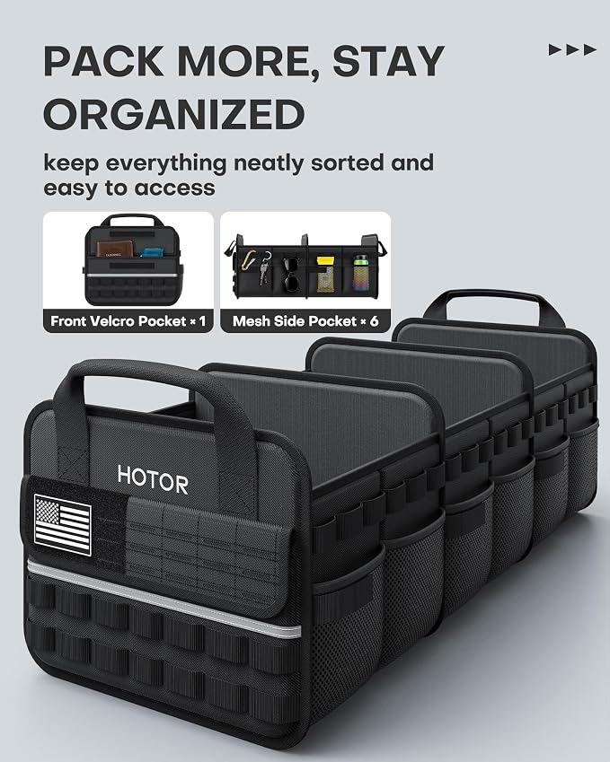 HOTOR Tactical Car Trunk Organizer - Foldable Trunk Organizer for SUV with Front MOLLE Pocket & Reflective Strips, Essential Car Accessories for Tools & Outdoor Storage, 15.0" x 31.5" x 11.0", Black