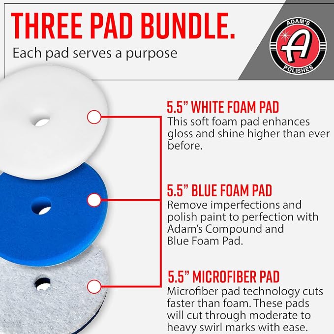 Adam's Polishes Premium Polisher Pads Bundle - Expertly Designed to Make Polishing and Paint Correction Easier and Quicker - Color Coded to Match with Recommended Polishes or Compounds (5.5" Pads)
