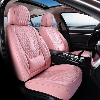 Coverado Seat Covers Full Set, Pink Car Seat Covers, Waterproof Car Seat Cover with Lumbar Support, Leather Car Seat Cushion Protector, Car Seat Covers Universal Fit Most Cars