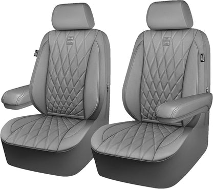 CAR PASS Piping Luxury PU Leather Two Front Car Seat Covers, Waterproof Anti Slip Seat Covers Compatible with Front Seat Armrests,Universal Fit for Suvs,Vans,Trucks,Airbag Compatible(All Gray)
