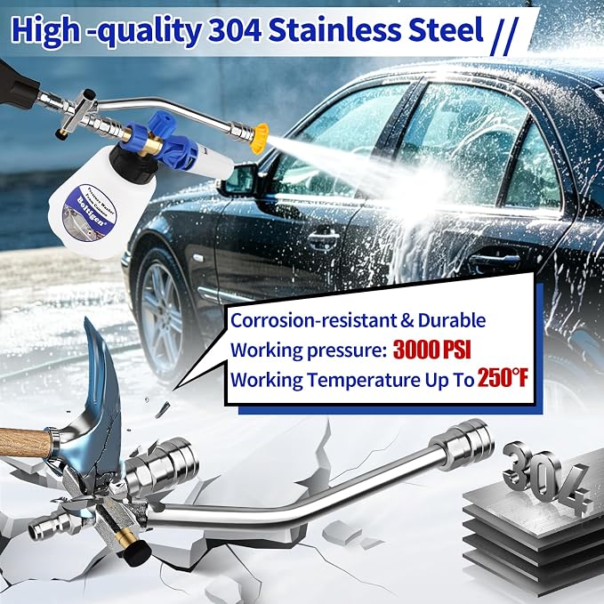 Boltigen Foam Cannon Dual Connector Accessory, 1/4" Quick Connect Switch Double Tip Attachment, Pressure Washer Extension Wand Accessory Kit, with 7 Pressure Washer Nozzle Tips, 4000 PSI