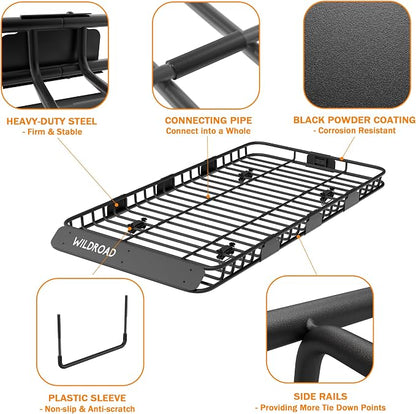 Wildroad Car Roof Cargo Carrier Combo - Upgraded 84"x 39"x 4" Roof Rack Basket, Super Duty Bungee Net. Universal Car Top Luggage Holder Fits SUV, Truck, Cars