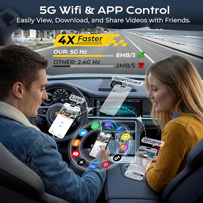 4 Channel Dash Cam, 4K Front Rear and Inside Dash Camera for Cars, 360° View, Free 128GB Card Included, 5GHz WiFi, GPS, APP Control, 24/7 Parking Mode, 8 IR Night Vision Lights, G-Sensor