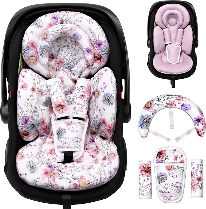 TinlyFinly Infant Car Seat Insert with Extra Cushion for Preemie to Toddler, Reversible Newborn Carseat Insert for Baby Head Body Support, Fits for Stroller, Baby Swing, Bouncer (Purple Wildflower)