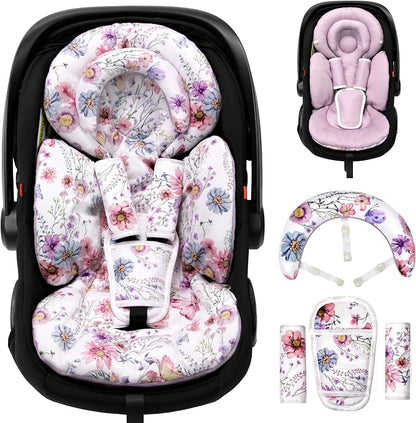 TinlyFinly Infant Car Seat Insert with Extra Cushion for Preemie to Toddler, Reversible Newborn Carseat Insert for Baby Head Body Support, Fits for Stroller, Baby Swing, Bouncer (Purple Wildflower)