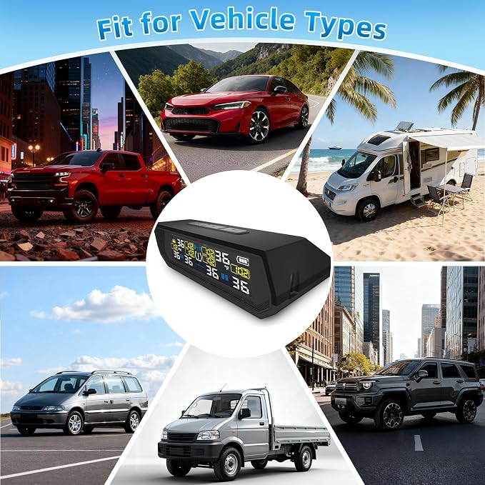 Tire Pressure Monitoring System TPMS, Solar Charge Tire Pressure Monitor with 6 External Sensors & 6 Alarm Modes, 0-144 PSI, Real-time Wireless TPMS for RV SUV Truck - with 6 Tire Valve Caps