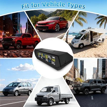 Tire Pressure Monitoring System TPMS, Solar Charge Tire Pressure Monitor with 6 External Sensors & 6 Alarm Modes, 0-144 PSI, Real-time Wireless TPMS for RV SUV Truck - with 6 Tire Valve Caps