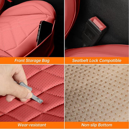Burgundy Red Car Seat Covers Full Set, Luxury Faux Leather Red Seat Covers for Cars Front and Back Seats Protector, Waterproof Full Wrapped Covers Universal Fit for Most Cars Sedans SUVs