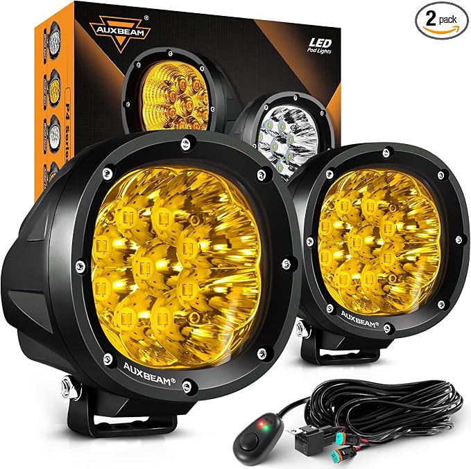 Auxbeam P4 Series LED Amber Fog Lights, 4 Inch 90W Yellow Round Offroad Light Bar, Spot Beam Off Road LED Pods Bumper Ditch Lights, for Trucks Car Motorcycle UTV, Pair