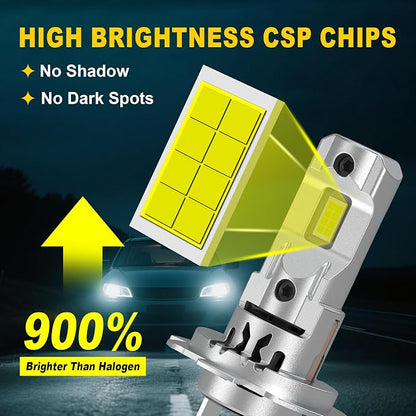 H7/H7LL LED Bulb Super Bright with Fan Cooling 800% 60000LM Brighness 1:1 Halogen Mini Size No Adapter Required H7/H18 for Fog Lights Pack of 2