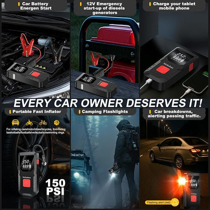12 V Car 8000 mAh Battery Jump Starter 2800A with 150psI Air Compressor, Compact and Practical Edition QB08L Safe Smart, Portable Jump Box and Charger for 6.0L Gas and 3.0L Diesel Engines.