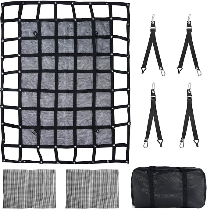 Heavy Duty Cargo Net, 4.75 x 6 ft Truck Bed Cargo Net, Cargo Carrier for Trailer Jeep SUV UTV Rack Bed Rail Boat Pickup Bed, 4 Straps with Carabiner Clips & J-Hook (57 x 72 inches)