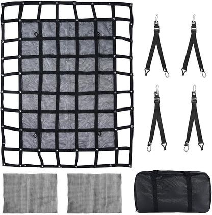 Heavy Duty Cargo Net, 4.75 x 6 ft Truck Bed Cargo Net, Cargo Carrier for Trailer Jeep SUV UTV Rack Bed Rail Boat Pickup Bed, 4 Straps with Carabiner Clips & J-Hook (57 x 72 inches)