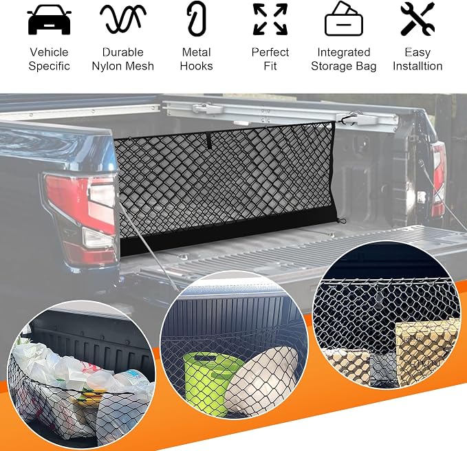 Envelope Style Truck Bed Cargo Net Compatible with Nissan Titan 2017-2023 2024 2025,Highly Elastic Truck Cargo Net for Titan Accessories, Upgraded Storage Bag & Heavy Duty Carabiners