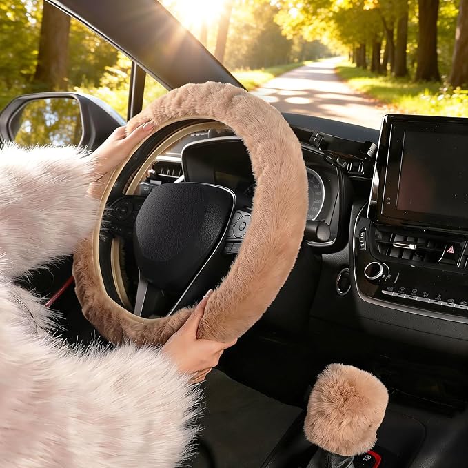 SEG Direct Furry Car Steering Wheel Cover with Gear Shift Cover, Soft and Warm, Cute Fluffy Auto Decor for Women Men, Standard Size, 2 PCS Set, Khaki