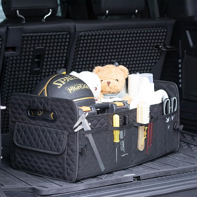 JiatuA Car Trunk Organizer for SUV, Car Storage Organizer Collapsible Multi Compartment Container Box, Adjustable Car Accessories for Women/Men, Large Black