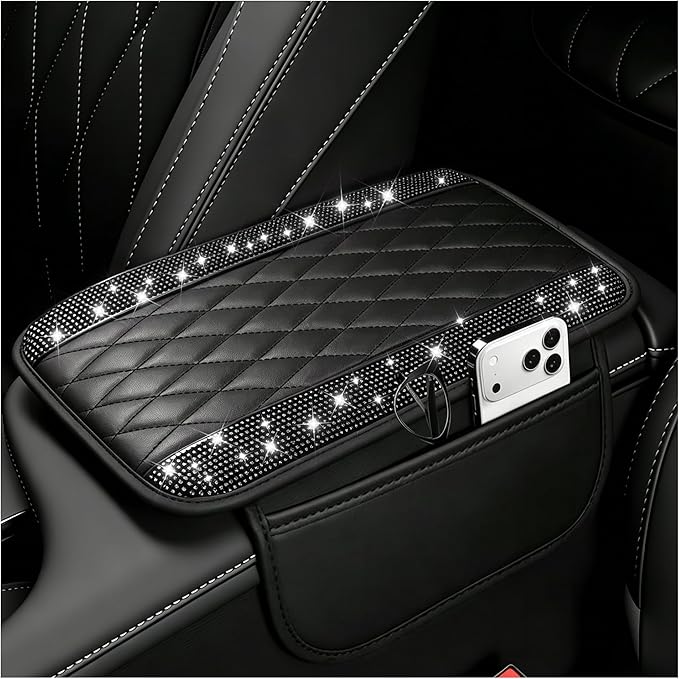 Stacool Upgraded Car Center Console Cover with Rhinestones,Microfiber Leather Car Armrest Cover Cushion with 2 Storage Bags,Universal Cars Armrest Storage Box as Cars Interior Accessories