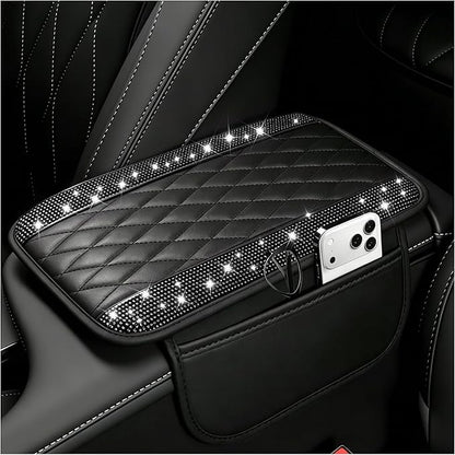 Stacool Upgraded Car Center Console Cover with Rhinestones,Microfiber Leather Car Armrest Cover Cushion with 2 Storage Bags,Universal Cars Armrest Storage Box as Cars Interior Accessories