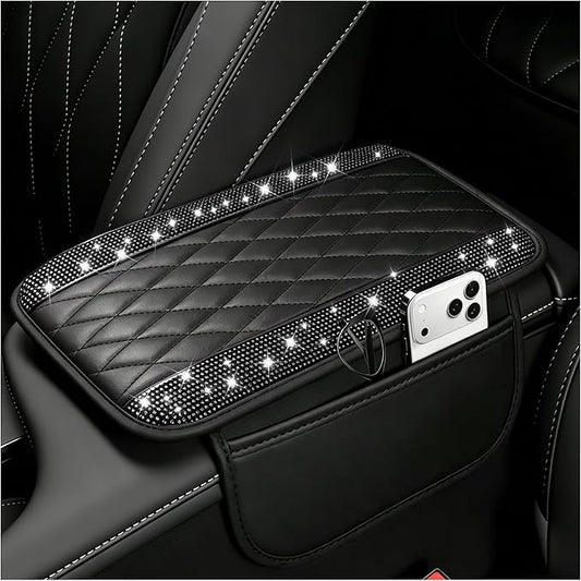 Stacool Upgraded Car Center Console Cover with Rhinestones,Microfiber Leather Car Armrest Cover Cushion with 2 Storage Bags,Universal Cars Armrest Storage Box as Cars Interior Accessories