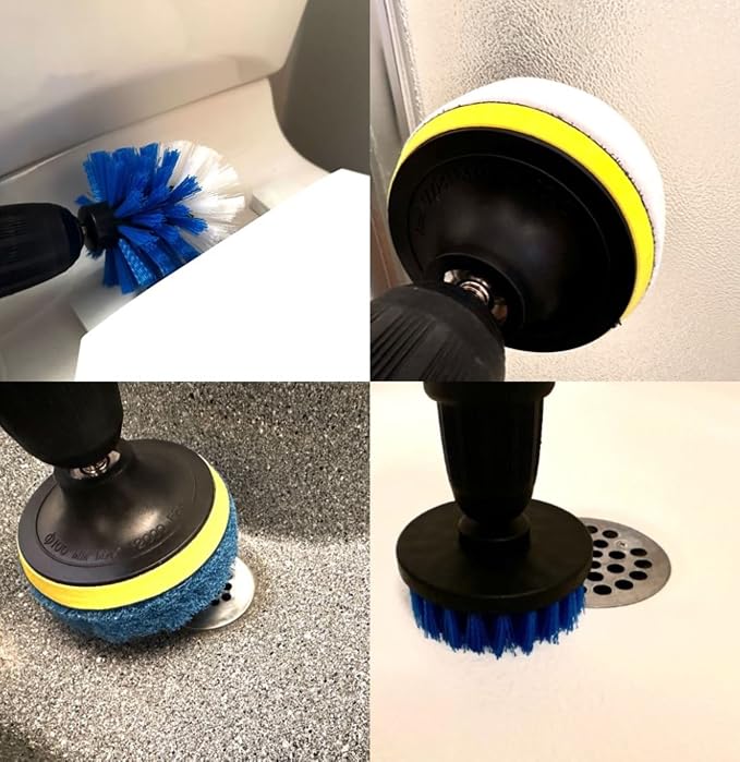 4 Piece Drill Brush Attachment Set, Scrubbing Pad and Sponge - Power Brush Scrubber Deep Cleaning Kit for Bathroom Kitchen Boat Car Grout Floor Tub Shower Tile Surfaces