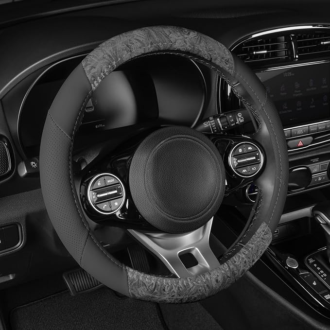 BDK BurlwoodLux Wood Grain and PU Leather Gray Steering Wheel Cover - Sport Grip for Car Auto SUV Trucks