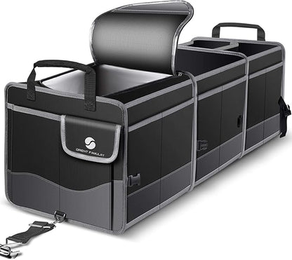 Trunk Organizer with Cooler, Collapsible Trunk Storage Container with Non Slip Bottom Strips, Large Multi-Compartment Waterproof Car Trunk Organizer Groceries for Vehicle Sedan, Suv, Truck,Van(Black)