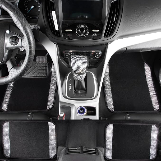 CAR PASS Rhinestone Bling Diamond Car Seat Covers Leather Shining Car Floor Mats Carpet Waterproof Anti-Slip Nibs Car Accessories Interior Sets for Women Silver Glitter White Sparkly Crystal
