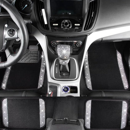 CAR PASS Rhinestone Bling Diamond Car Seat Covers Leather Shining Car Floor Mats Carpet Waterproof Anti-Slip Nibs Car Accessories Interior Sets for Women Silver Glitter White Sparkly Crystal