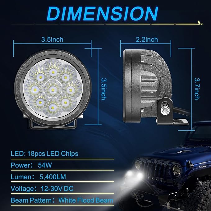 ACEC SHOP Round LED Pods 2PCS 54W 3.5 Inch Round Off Road Lights Fog Lights Offroad Driving Light Flood Light Bars LED Ditch Pods for Wrangler Pickup Truck Toyota SUV UTV ATV Boat