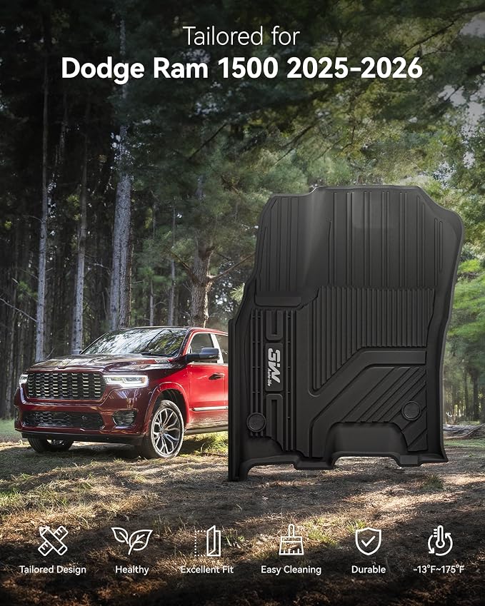 3W Floor Mats Fit for Dodge Ram 1500 Crew Cab 2025-2026 (w/o Rear Under-Seat Factory Storage Bucket Seat), TPE All Weather Custom Fit Floor Liner for Ram 1500 Accessories Row Car Mats, Black