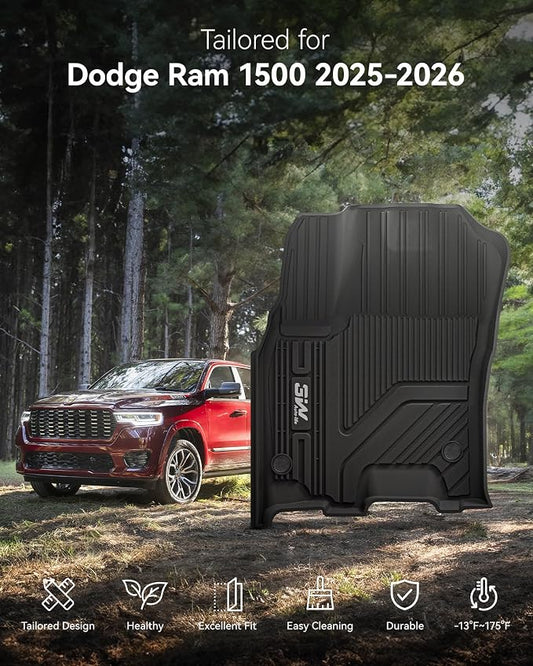 3W Floor Mats Fit for Dodge Ram 1500 Crew Cab 2025-2026 (w/o Rear Under-Seat Factory Storage Bucket Seat), TPE All Weather Custom Fit Floor Liner for Ram 1500 Accessories Row Car Mats, Black