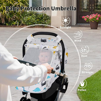 Rquite Car Seat Cover Baby, Carseat Covers Girl Boy, Breathable Muslin Cotton, Large Mesh Window, Infant Car Seat Canopy Baby Carrier Cover Stroller Sun Shade for Summer & Hot Day