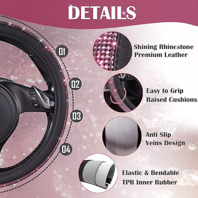 CAR PASS Bling Diamond Leather Steering Wheel Cover, Bling Sparkly Crystal Glitter Rhinestones Universal Fit 14" 1/2-15" Car Wheel Protect for Women Girl Fit Suvs,Vans,Sedans,Cars,Trucks, Pink Black