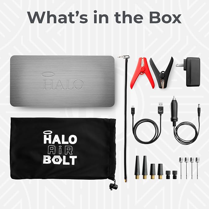 HALO Bolt Air 58830 Portable Car Battery Jump Starter | 100 PSI Air Compressor, 58.8Wh USB Power Bank, Emergency Floodlight & Charger, Jumps Cars SUVs & Trucks, Inflates Tires, TSA Approved — Gray
