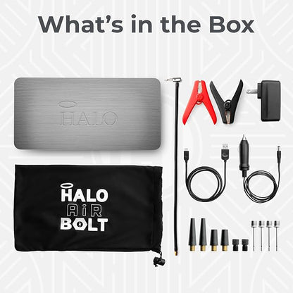 HALO Bolt Air 58830 Portable Car Battery Jump Starter | 100 PSI Air Compressor, 58.8Wh USB Power Bank, Emergency Floodlight & Charger, Jumps Cars SUVs & Trucks, Inflates Tires, TSA Approved — Gray