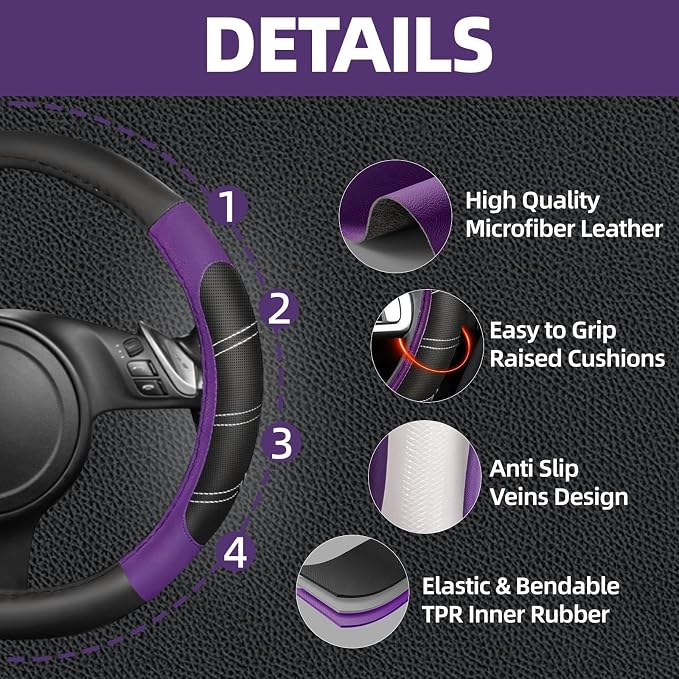 NBTEPEM 6 Pcs Purple Car Accessories Set, Sport Leather Steering Wheel Cover 14.5-15inch Universal, Leather Car Center Console Cover, Seat Belt Cushion, Cup Holder Coaster (Black-Purple)