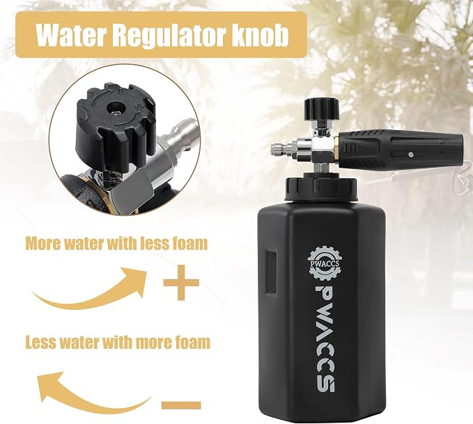 PWACCS Foam Cannon for Pressure Washer, Adjustable Car Wash Foam Cannon, Big Mouth Snow Foam Lance with 1/4" Quick Connect, Thick Foam Power Wash Foam Blaster 1.5 L, Additional Orifice Nozzle 1.1mm