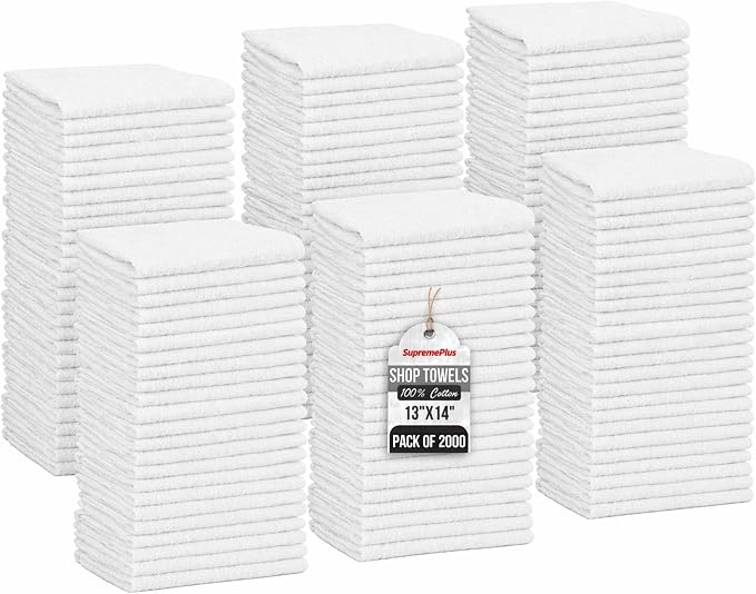 Shop Towels (White, 2000-Pack) - Bulk Cleaning Towel in a Bag, Mechanic Cotton Wipes for Car Maintenance, Auto Mechanics & Garage, Wipe Grease & Oil, Machine Wash & Reusable