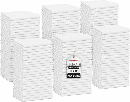 Shop Towels (White, 2000-Pack) - Bulk Cleaning Towel in a Bag, Mechanic Cotton Wipes for Car Maintenance, Auto Mechanics & Garage, Wipe Grease & Oil, Machine Wash & Reusable