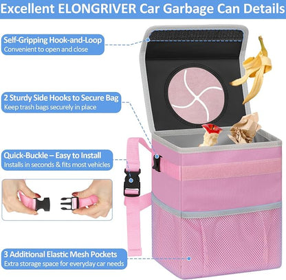 ELONGRIVER Car Trash Can for SUVs, Trucks, Vans - Pink, 2 Gallons Capacity, Leak-Proof Liner, Utility Clasps, Cute Design
