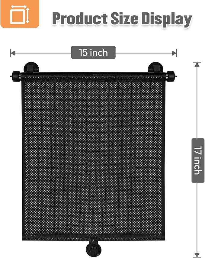 2 Pack Car Side Window Sun Shade - Retractable Car Roller Sunshadewith Reinforced Suction Cups, Drop Down UV Interior Sunshade, Stroller Window Sunshade (15" x 17")