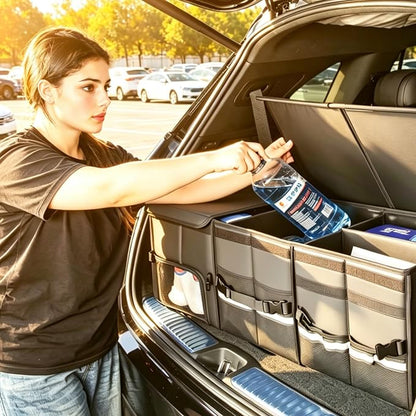 Trunk Organizer Car Organizer Leather Storage Box Foldable Trunk Organizer for SUVs & Sedans Sturdy Car Organization for Car Accessories, Tools, Sundries, Collapsible and Adjustable, 35.5 Inch