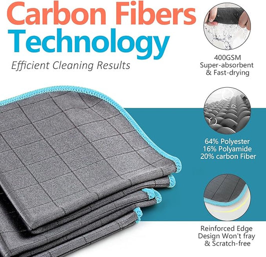 Airlab Carbon Microfiber Towels for Car Glass Window Polishing Cleaning Cloth Auto Detailing Lint Free Streak Free Drying Car Wash Large Towel, Pack of 3, 12" x 12", Grey-Blue