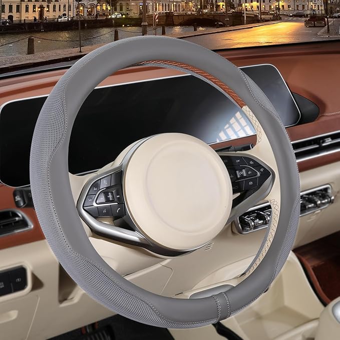 14 inch Steering Wheel Cover for Prius Civic, Nappa Microfiber Leather Non-Slip Breathable Fabric, Warm in Winter and Cool in Summer, Gray Small 13.5 inch to 14 inch
