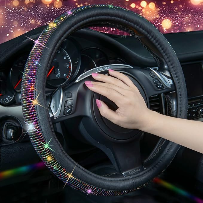 CAR PASS Diamond Leather Steering Wheel Cover, with Bling Crystal Rhinestones Fit Suvs,Vans,Sedans,Cars,Trucks Universal Fit 14.5-15inch Crystal Glitter for Women Sparkle Girl, Multicolor Diamond