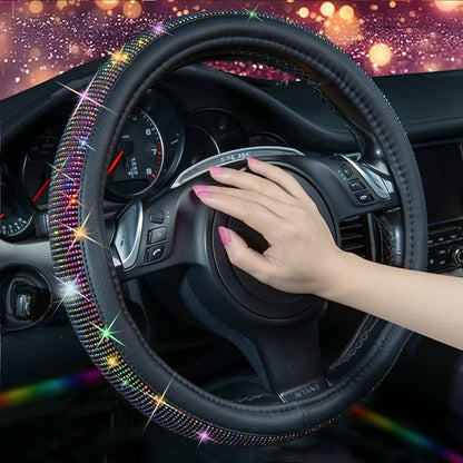 CAR PASS Diamond Leather Steering Wheel Cover, with Bling Crystal Rhinestones Fit Suvs,Vans,Sedans,Cars,Trucks Universal Fit 14.5-15inch Crystal Glitter for Women Sparkle Girl, Multicolor Diamond