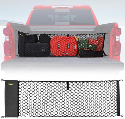 BUMBEE Envelope Style Trunk Cargo Net Compatible with Chevy Silverado 2013-2024 Accessories, Heavy Duty Carabiners Highly Elastic Truck Bed Mesh Cargo Net(16.9" X 52.56" to 66.93")