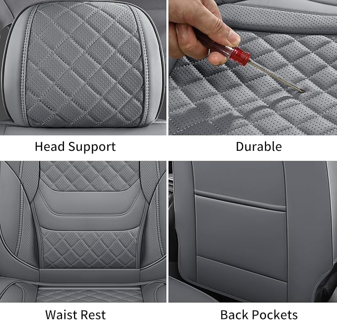 Car Seat Covers Full Set, Grey Leather Seat Covers, Breathable Front and Back Car Seat Protectors, Wear-Resistant Seat Covers Universal Fit for Most Cars SUV Truck (Grey-Diamonds, Full Set)