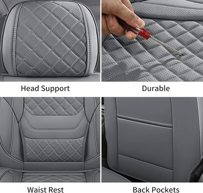 Car Seat Covers Full Set, Grey Leather Seat Covers, Breathable Front and Back Car Seat Protectors, Wear-Resistant Seat Covers Universal Fit for Most Cars SUV Truck (Grey-Diamonds, Full Set)